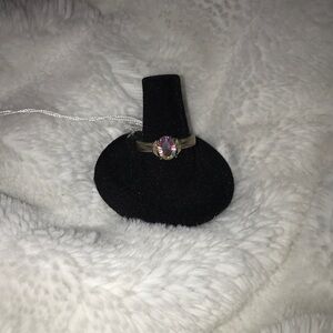 Genuine iridescent crystal set in sterling silver ring with whale tail bezel